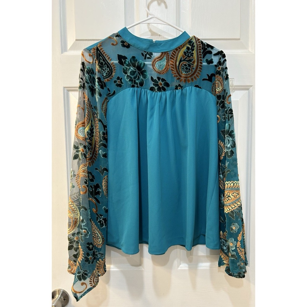NWT Umgee Teal Tunic Blouse Size S Sheer Velvet Burnout Kimono Sleeve Boho